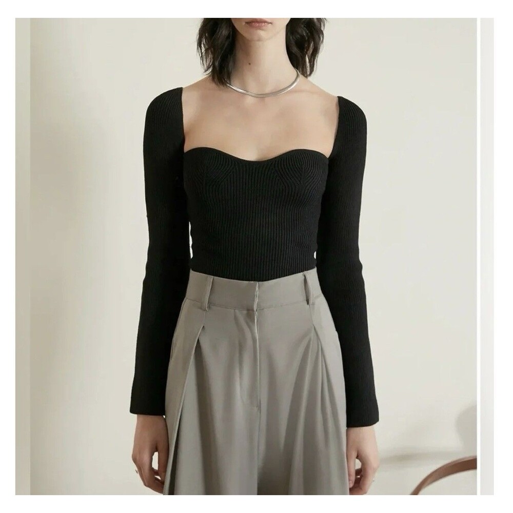 Pixie Market Black Knit Bustier Sweetheart Neck Sweater Top Women’s M Minimalist